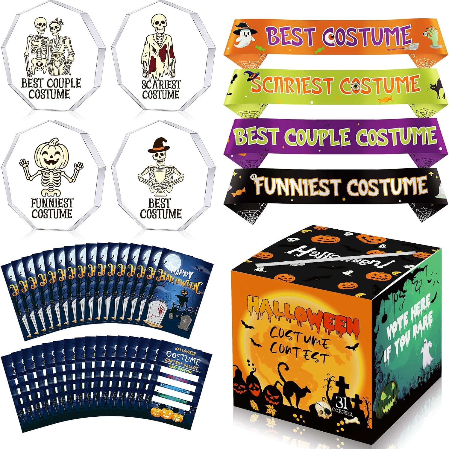 59 Pcs Halloween Costume Contest Awards for Adult Halloween Party Supplies | 4 Acrylic Skeleton Halloween Trophies, 4 Award Sashes, Ballot Box, 50 Voting Cards