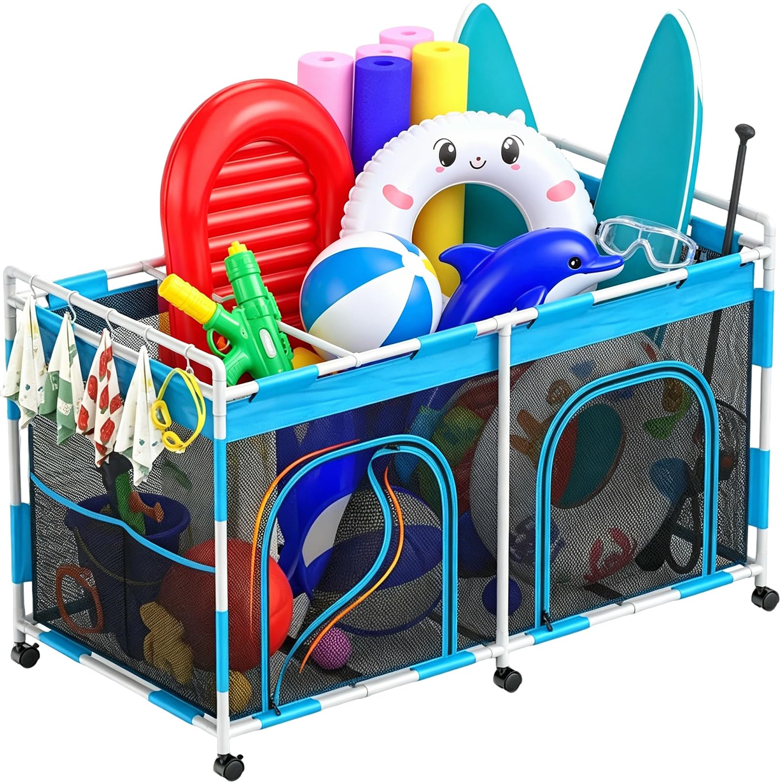 Upgrade - Carrito de almacenamiento para piscina con ruedas, 160 × 82 × 98 cm, organizador de malla para equipo de natación, fideos de piscina, juguetes y toallas, gran capacidad con asa y