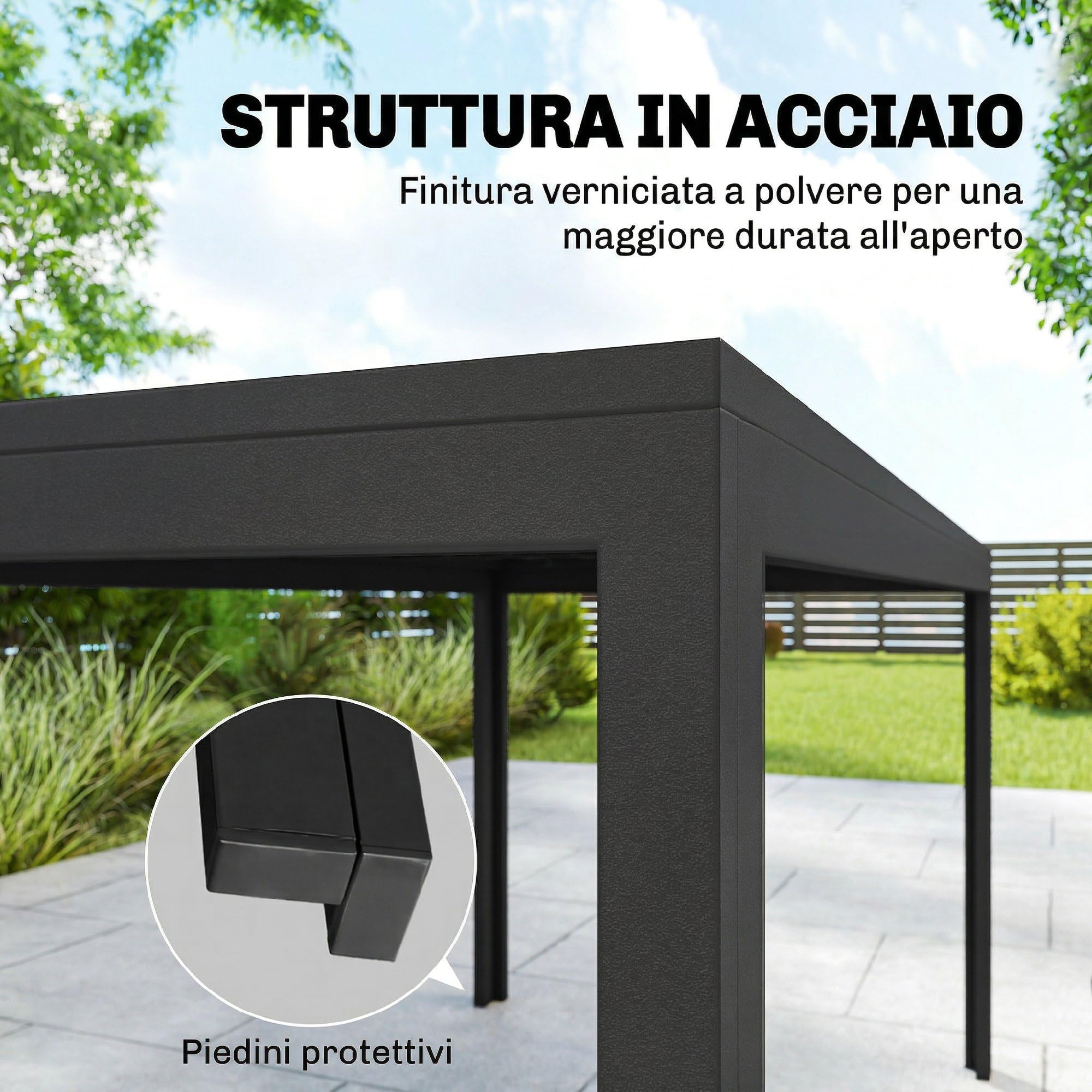 Outsunny Set Tavolo e Sedie da Giardino 7 Pezzi, Set da Pranzo Esterno con 6 Sedie Impilabili in Plastica Finto Rattan e Tavolo in Metallo Effetto Legno, Nero