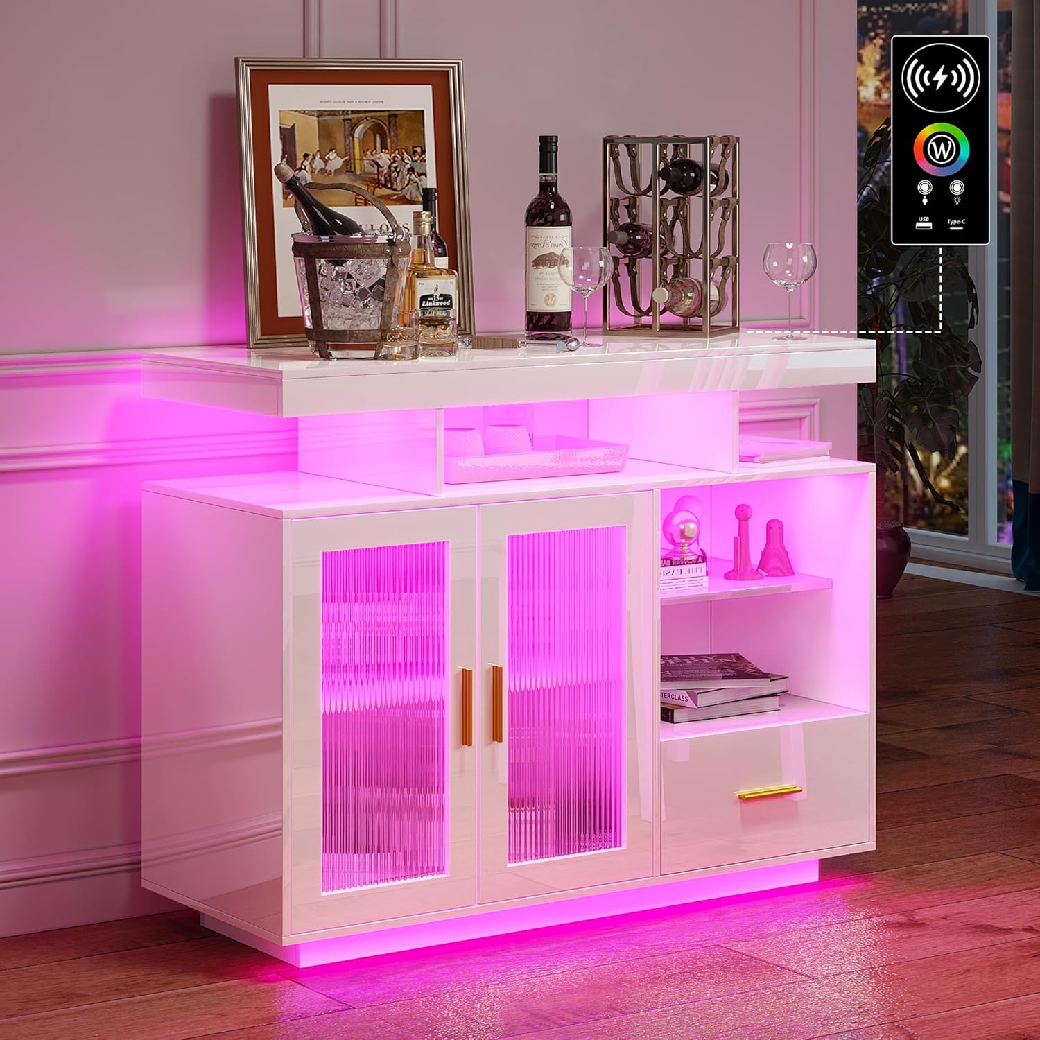 HNEBC LED Sideboard Buffet Cabinet with Charging Station, Smart Bar Cabinet with Auto RGB Lighted, High Gloss Coffee Bar with Drawer/Hutch for Living Room, Dining Room, Home Storager(White)