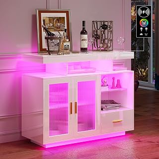 HNEBC Modern Coffee Bar Cabinet with Charging Station&RGB LED Lights,White | 39.4" Storage Cabinet with Wireless&USB-C Port,Entryway Table with Drawers and Hutch, High-Gloss,Motion‑sensor Sideboard
