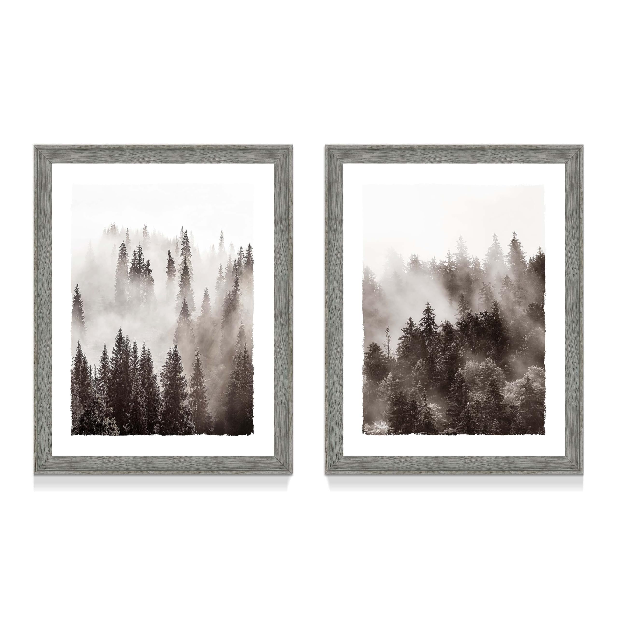 Forest Framed Wall Art Bedroom: Living Room Office Black and White Misty Pine Tree Picture 2 Piece 16x20 Vertical Modern Nature Landscape Painting