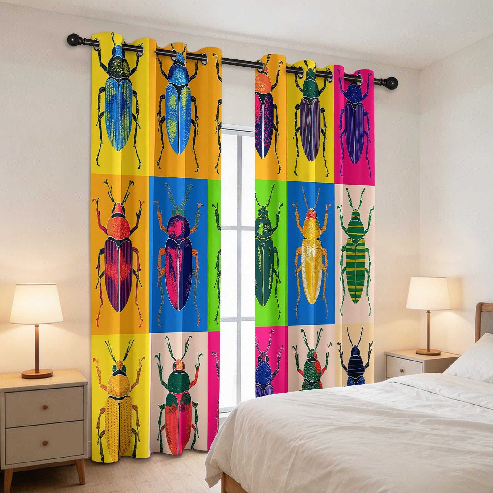 Rideaux Opaques Thermiques Grille Géométrique D'Insectes Coléoptères Rideaux De Fenêtre D'Effet 3D Polyester Occultants & Isolation, pour Chambre Salon avec Œillets 2 Panneaux 140 x 175 cm, Couleur