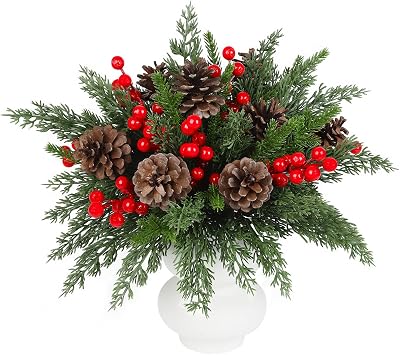 60Pcs Artificial Pine Branches with Red Berry Stems Pinecones Norfolk Greenery Pine Garland Branches Ornaments for Christmas Tree Wreath Garland DIY Crafts Holiday Home Decoration