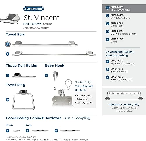 Miniatura 4 de Amerock BH3604326  Toallero cromado  Toallero de 18 pulgadas (17.992 in)  San Vicente  Toallero de baño  Accesorios de baño  Accesorios de baño