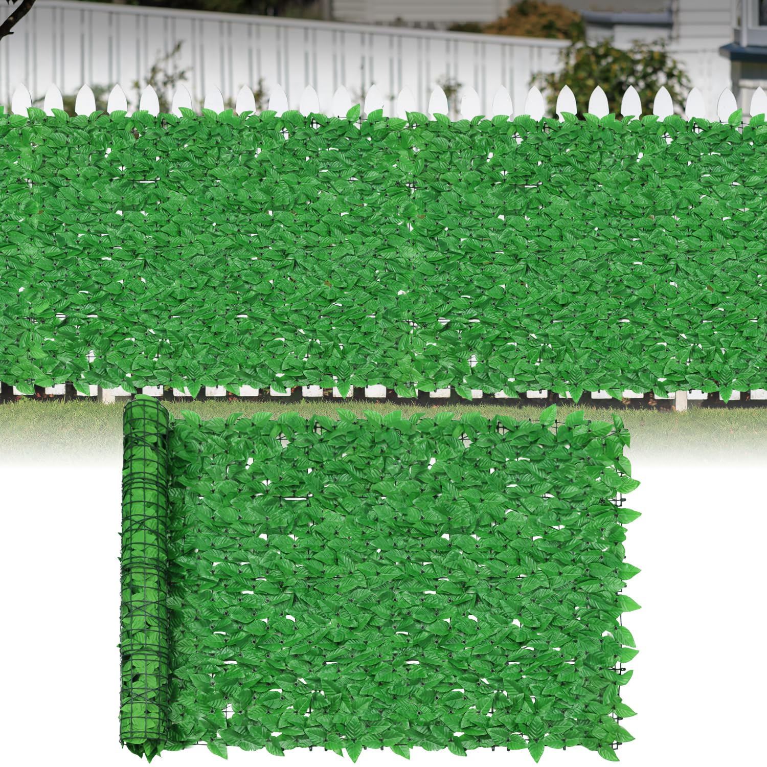 SunnyRoyal 4'x8' Artificial Leaf Faux Ivy Privacy Fence Screen for Outdoor Balcony Patio Decoration Fencing Panel Mesh Back (Laurel Leaves Light Green