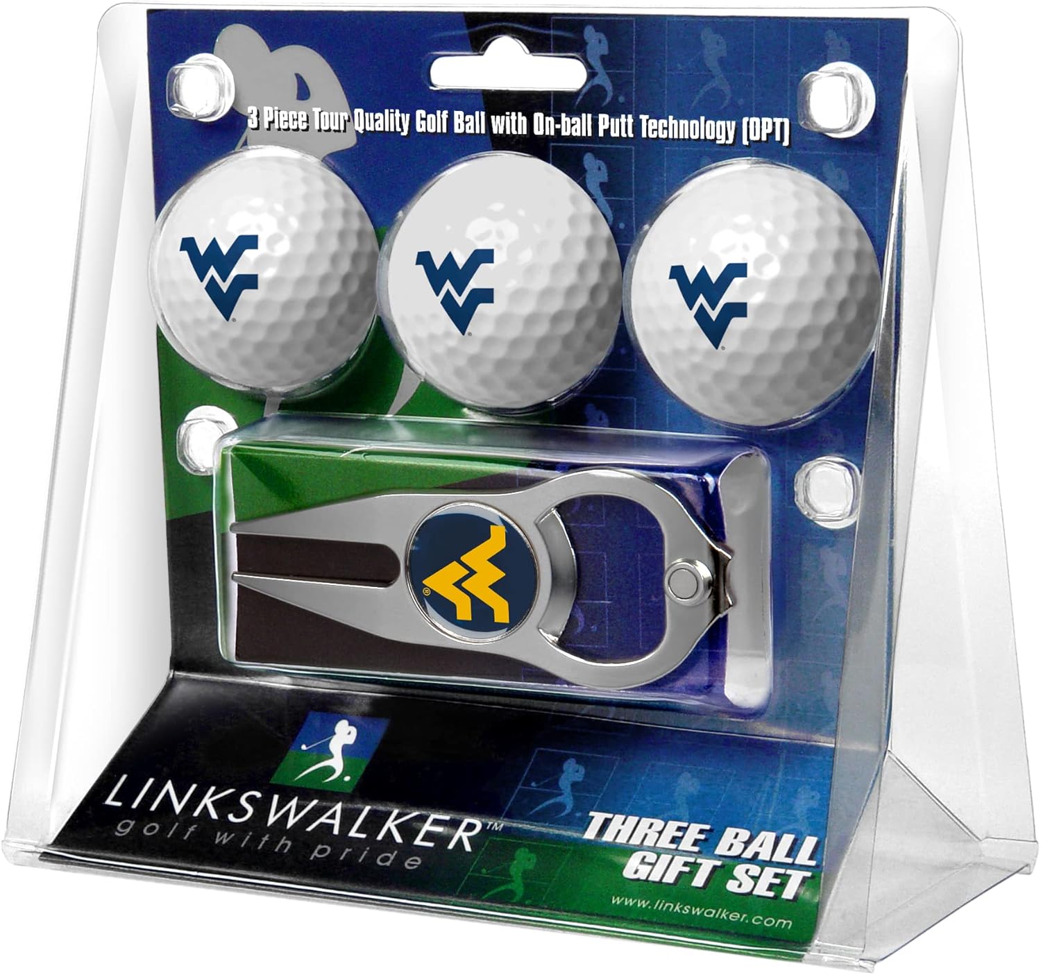LinksWalker West Virginia Mountaineers - 3 Golf Ball Gift Pack with Hat Trick Divot Tool