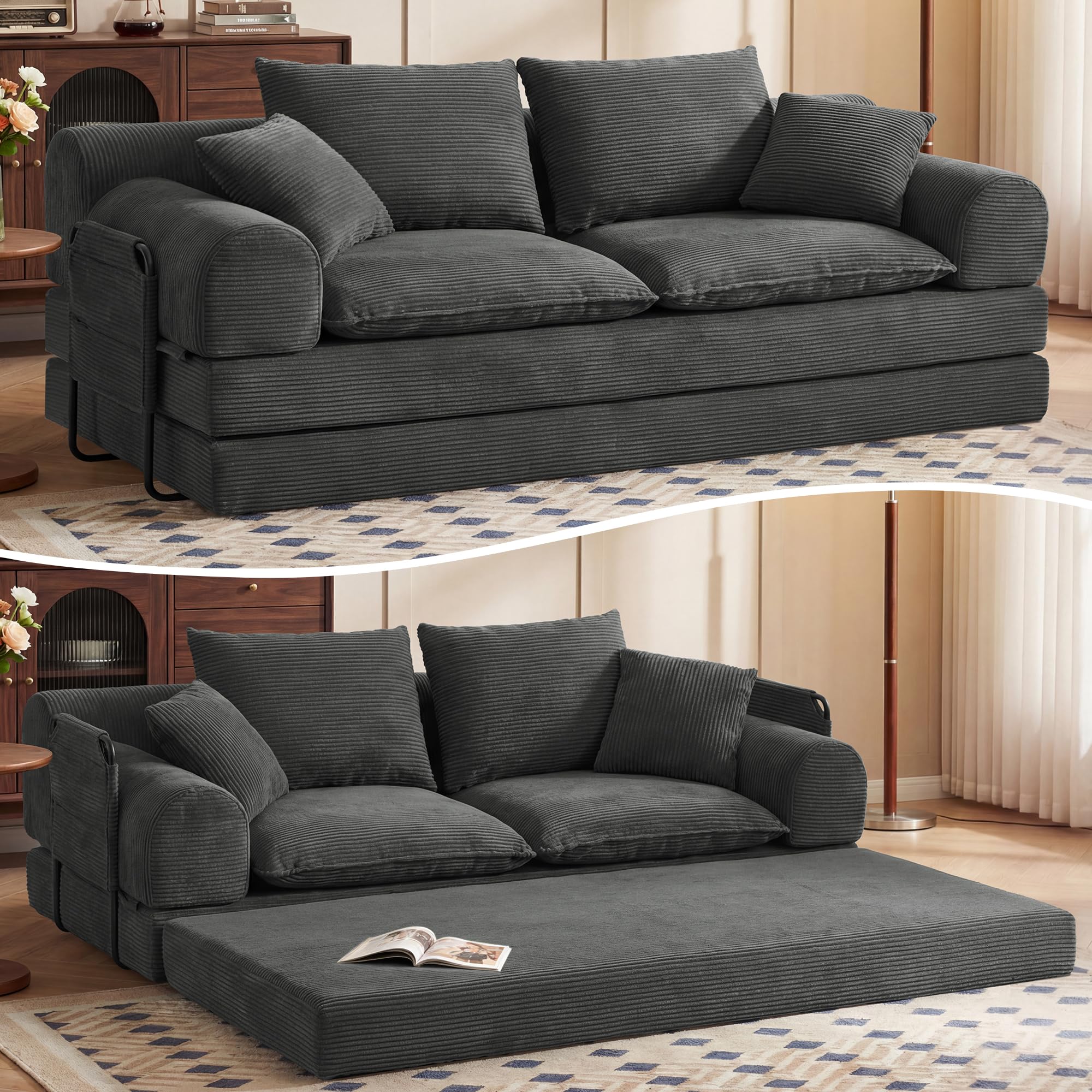 Vipbear 201x90x73cm Convertible Schlafsofa Bett, 5-in-1 klappbare Futon Couch mit Aufbewahrungstaschen, 3 Sitzer Corduroy Boden Couch Loveseat mit Ausziehbett für Wohnzimmer, Schlafzimmer, Grau