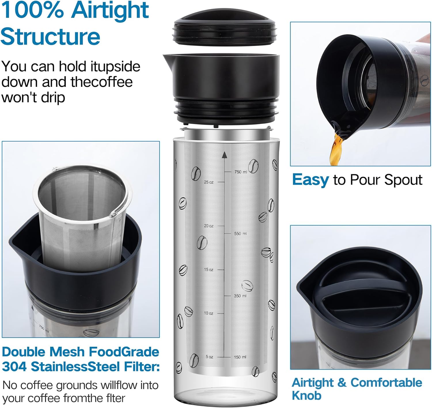 25oz Cold Brew Coffee Maker 4 Cup Capacity Tea Maker, Iced Coffee Pot, Cold Heat Resistant Borosilicate Glass Carafe, Stainless Steel Mesh Filter Basket and Black Freshness Lid - Image 6