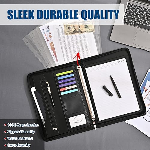 Miniatura 5 de Deziliao Carpeta organizadora de 3 anillas, organizador de documentos, cartera de negocios de piel sintética de 10.4 pulgadas con cremallera,