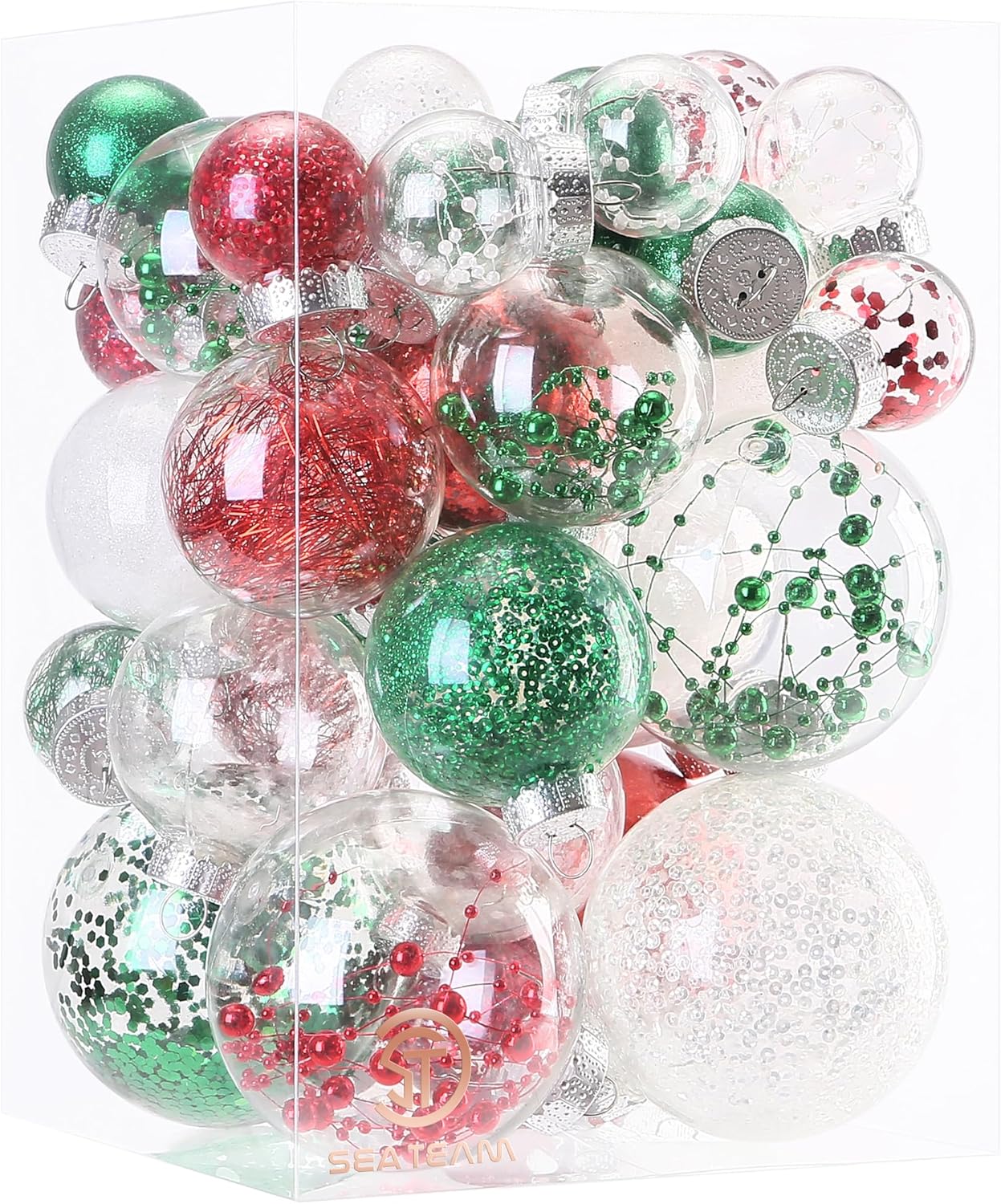Sea Team Multi-Size Shatterproof Clear Plastic Christmas Tree Ball Ornaments Set, Decorative Hanging Transparent Xmas Baubles with Stuffed Delicate Decorations (36 Counts, Elf) Multi-Size/36-Pack Elf