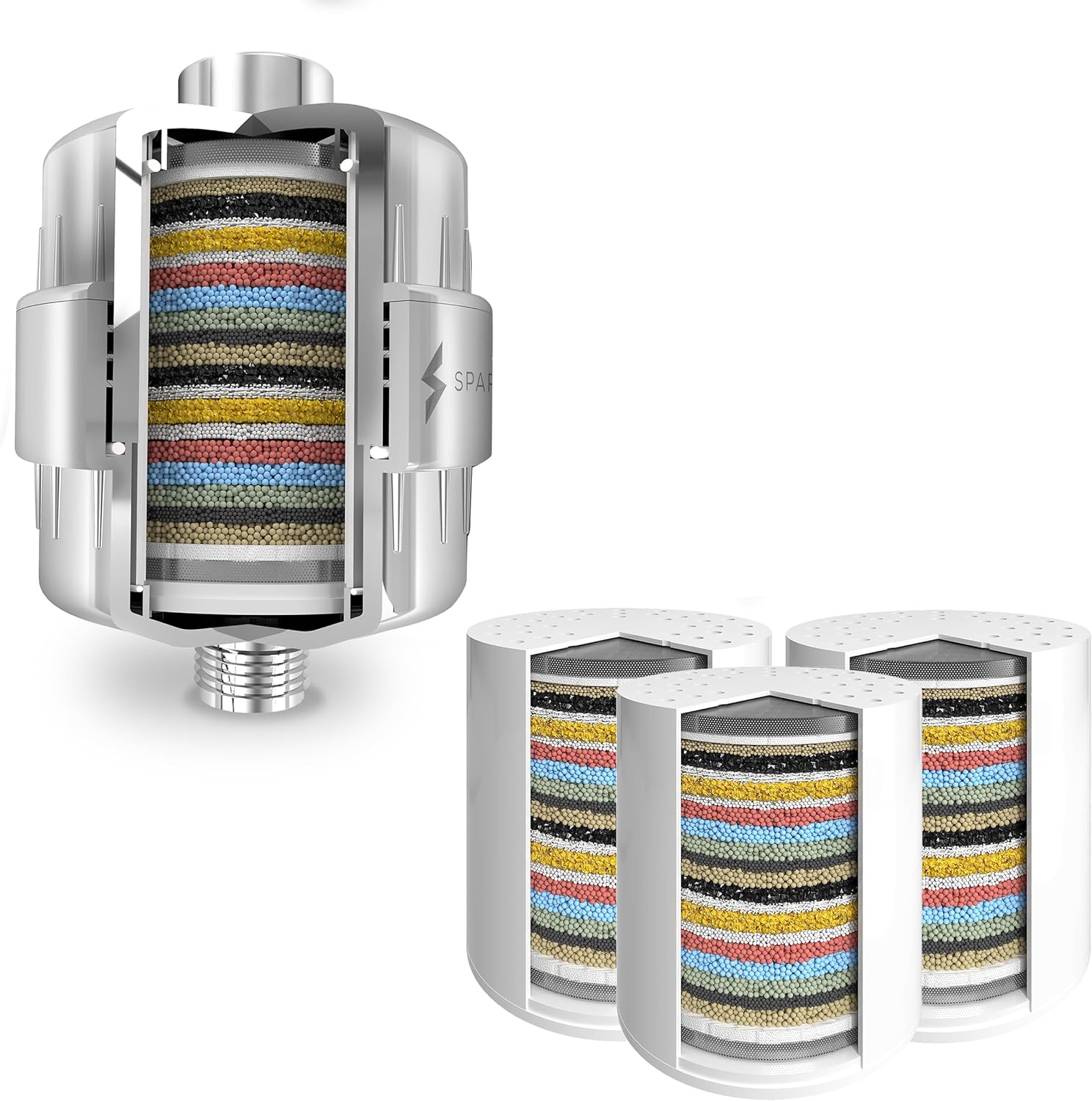 SparkPod Shower Filter Capsule and 3 Filter Cartridges bundle to Reduce Chlorine, Dirt, Odors from Shower Water - Recommended for People with Itchy Dry Skin, Eczema and Dandruff (Chrome)