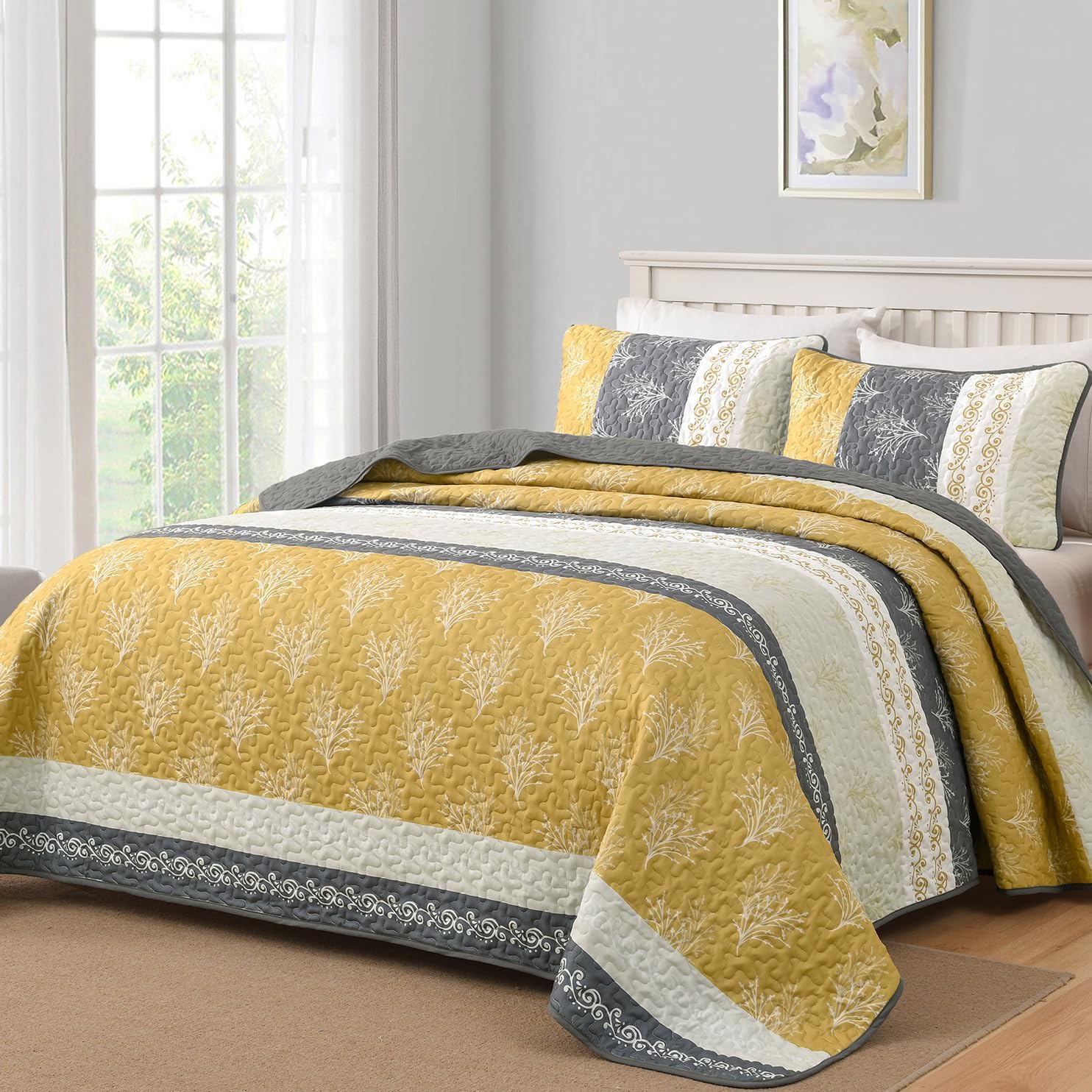 DJY Yellow Boho Quilt Set King Size, Striped Floral Yellow and Grey Bedspread Coverlet, 3 Pieces Patchwork Stripe Quilt Bedding Set Soft Microfiber Reversible Bedspread for All Season (110"x90")