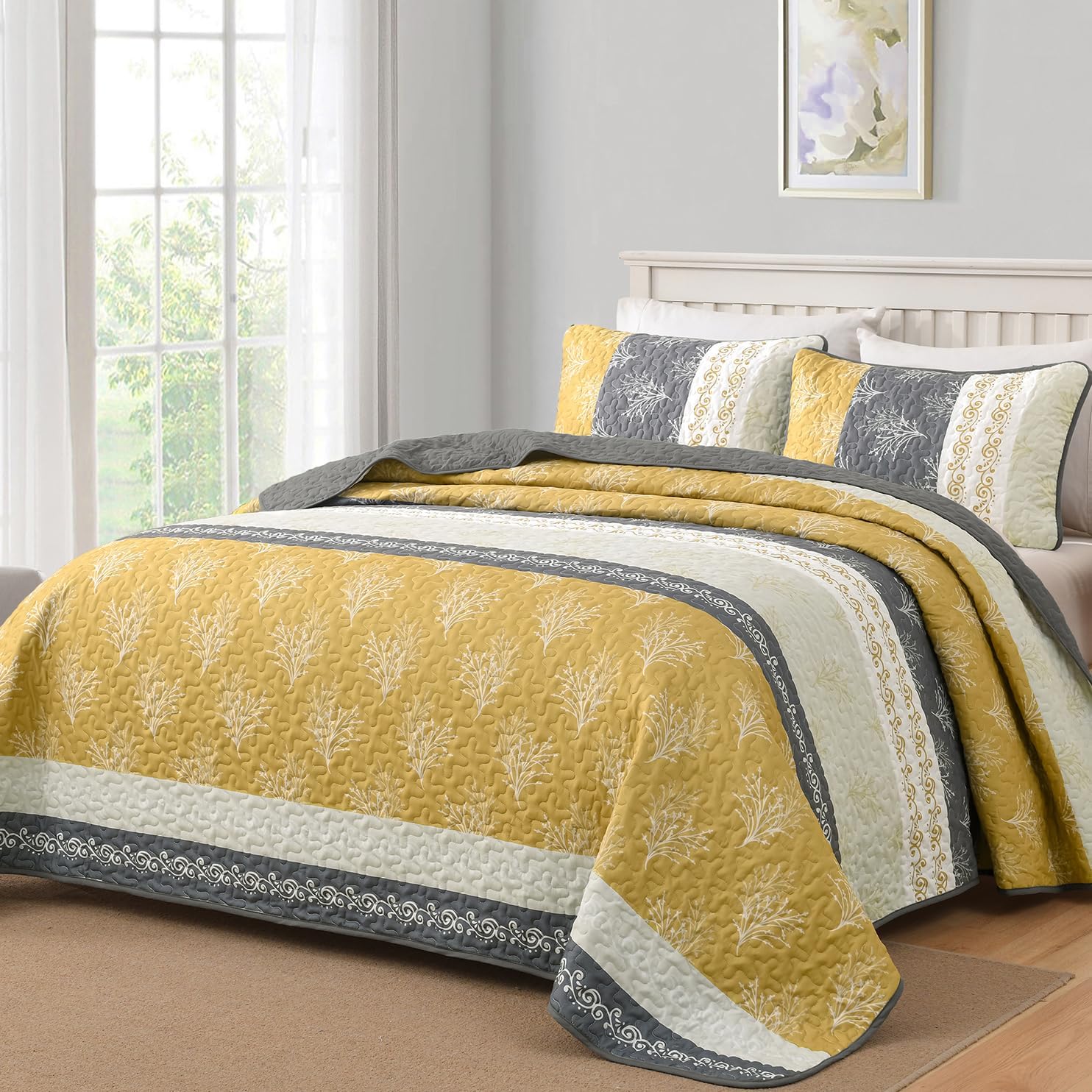 DJY Yellow Boho Quilt Set King Size, Striped Floral Yellow and Grey Bedspread Coverlet, 3 Pieces Patchwork Stripe Quilt Bedding Set Soft Microfiber