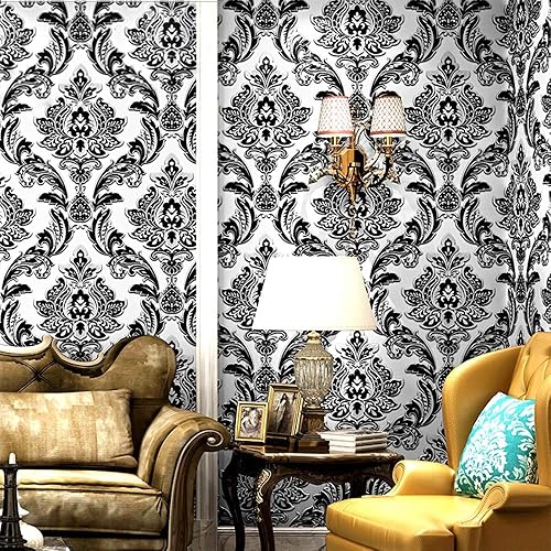Miniatura 2 de QIHANG Papel pintado de damasco 3D de PVC de estilo europeo moderno para sala de estar TV/bar blanco y negro 1.73' de ancho x 32.8' de largo