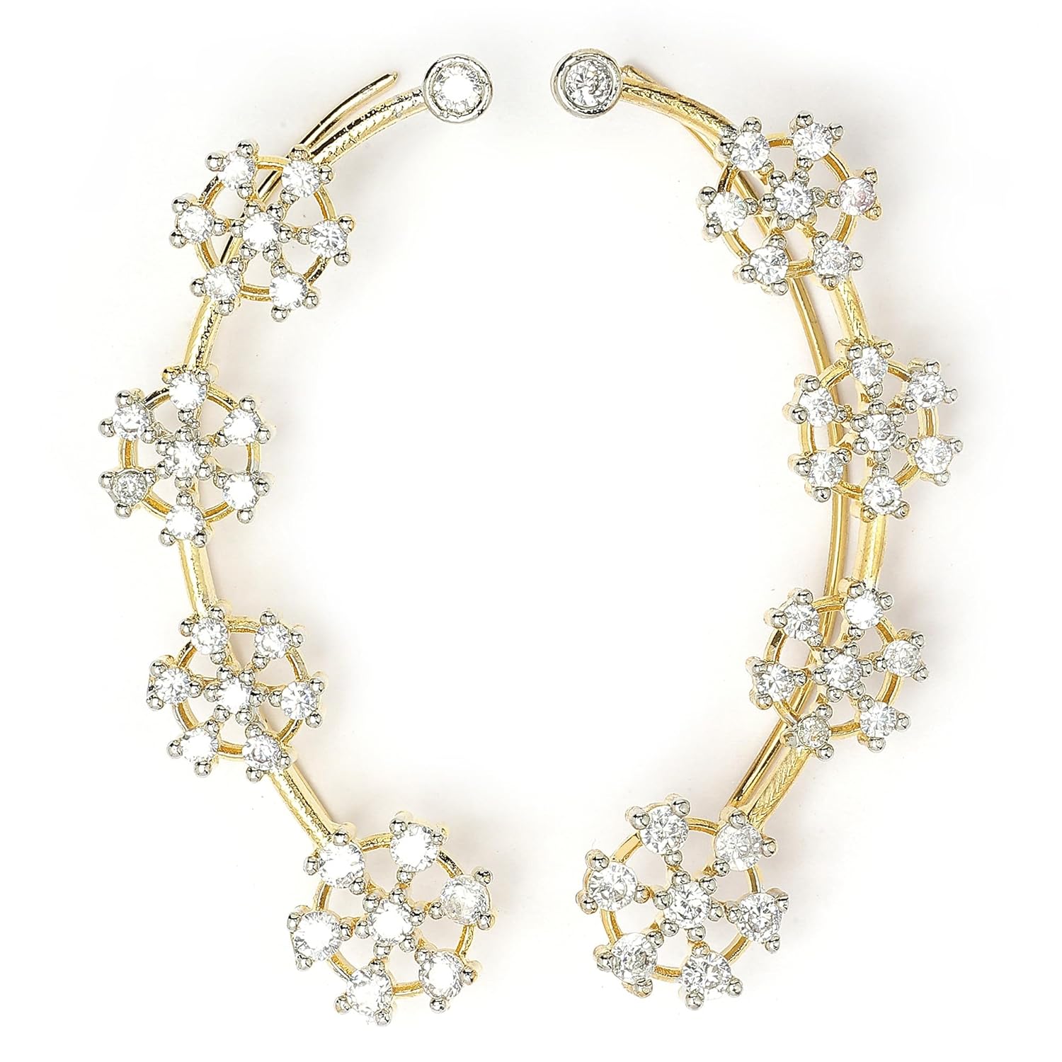 Zeneme Contemporary Gold Plated Gold Toned Floral Shaped American Diamond Studded Ear cuff Earrings For Women & Girls