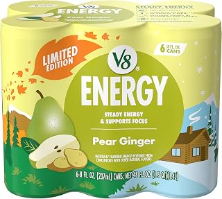 V8 Energy Pear Ginger Drink: 80mg Caffeine, No Added Sugar, Fruit & Veggie Serving, 6-Pack 8oz Cans