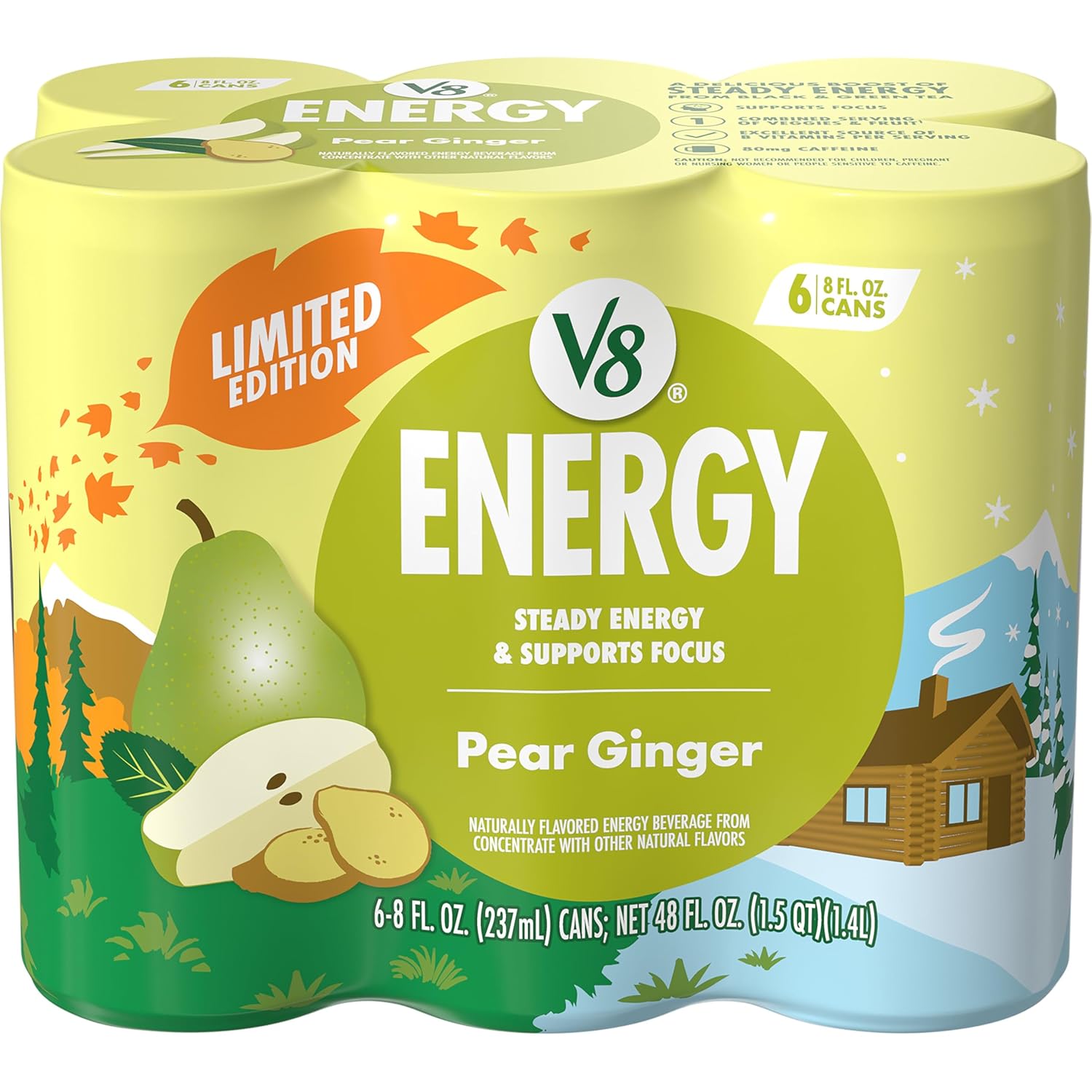 V8 Energy Pear Ginger Drink: 80mg Caffeine, No Added Sugar, Fruit & Veggie Serving, 6-Pack 8oz Cans
