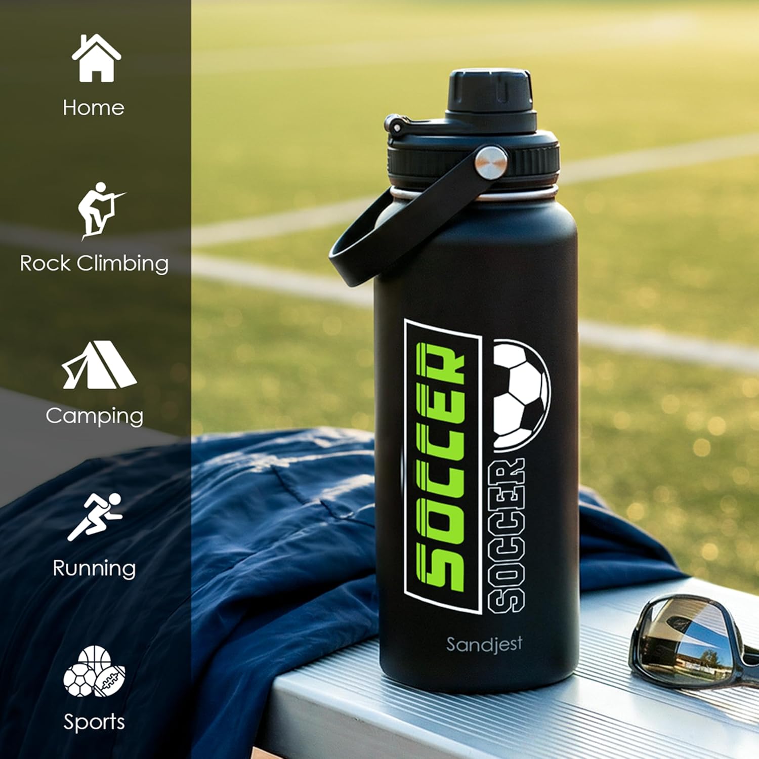 SANDJEST Soccer Insulated Stainless Steel Water Bottle 32oz, Vacuum Chug Lid Travel Tumbler for Men Friends Dad Brothers Players Coaches, Gift for Birthday Christmas Fathers Day