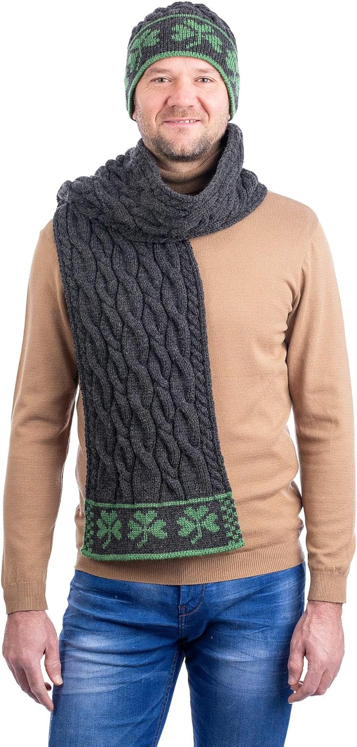 SAOL - 100% Merino Wool - Irish Shamrock Cable Knit Hat - Beanie for Men's