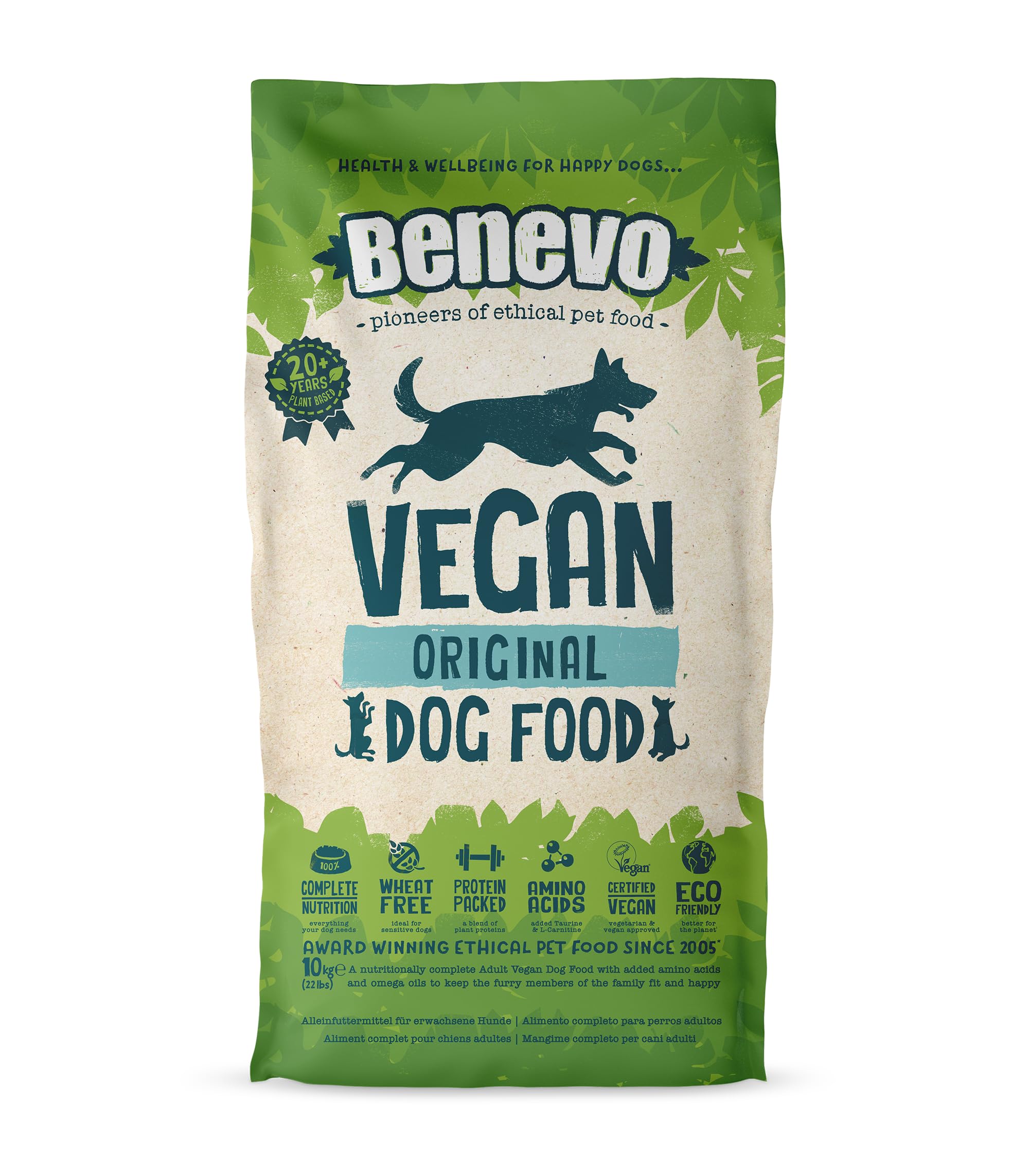 Benevo Comida para perros vegana seca (10 kg), hipoalergénica, sin trigo, sin OGM, alimentos secos para todas las razas con ácidos grasos esenciales, taurina, L-carnitina, PETA y Vegan Society UK