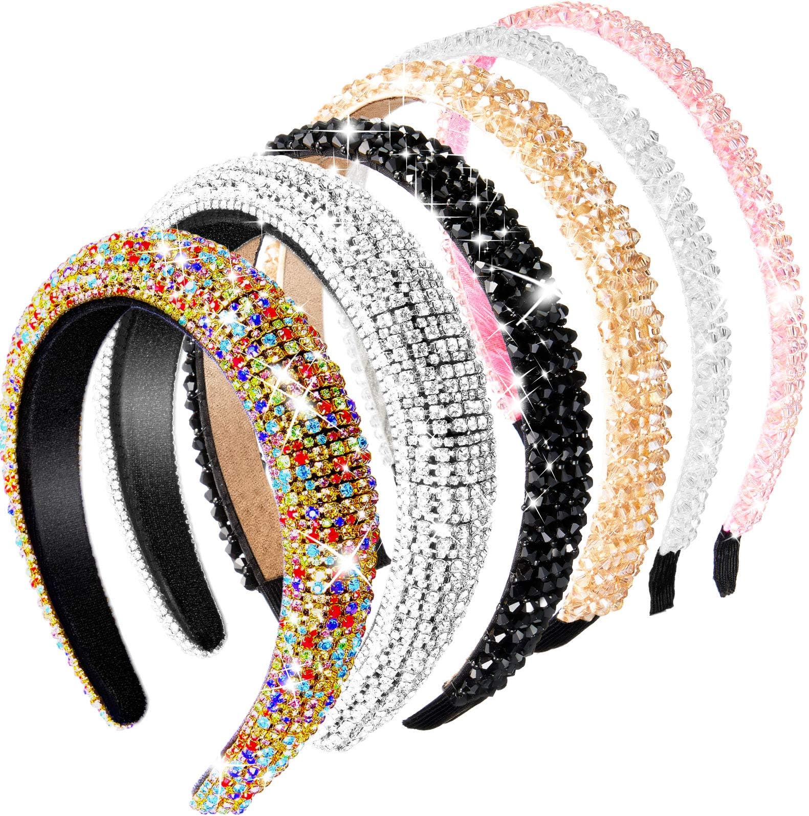 6 Pieces Padded Rhinestone Headband 4 Rows Crystal Diamond Velvet Hair Band Glitter Double Rows Beaded Hair Hoops Hair Accessories for Women