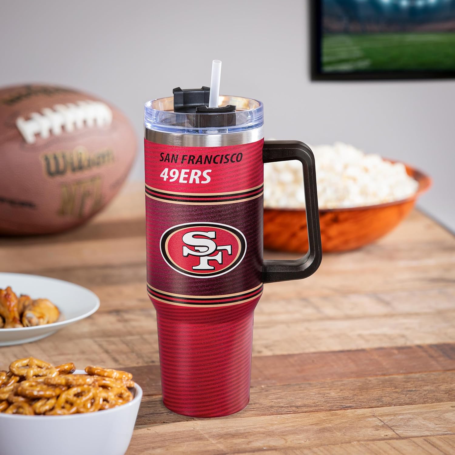 NFL San Francisco 49ers Stainless Steel Tumbler with Handle and Straw, 40oz Double Wall Insulated Cup with Lid, BPA-Free Water Bottle, Officially Licensed Football Travel Mug for coffee, tea