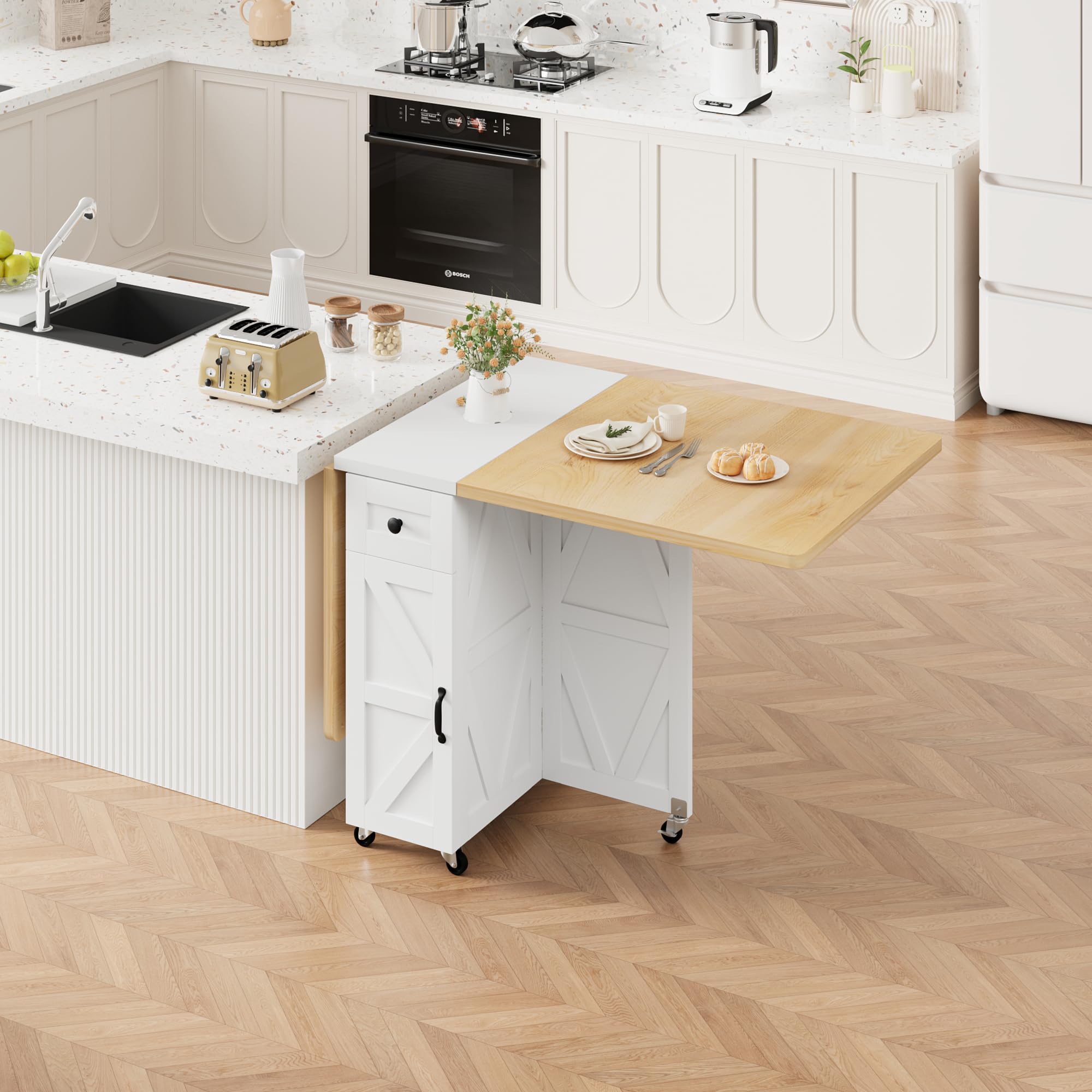 Jocoevol Table à Manger Pliante sur roulettes, Table De Cuisine avec Tiroir Et Espace De Rangement pour 2 À 4 Personnes, Idéale pour Petits Espaces, Salles À Manger Et Cuisines (Érable Blanc)