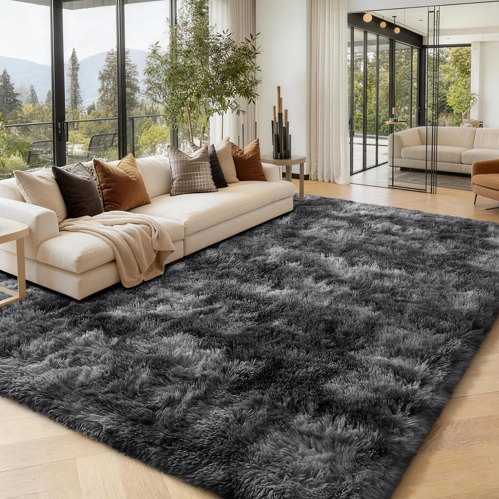 Homaxy Fluffy Large Rugs Living Room, Soft Shaggy Anti Slip Non Shedding Carpet, High Pile Modern Washable Area Rug for Nursery Bedroom, Easy Care Home Decor, 200x280 cm, Black & Grey