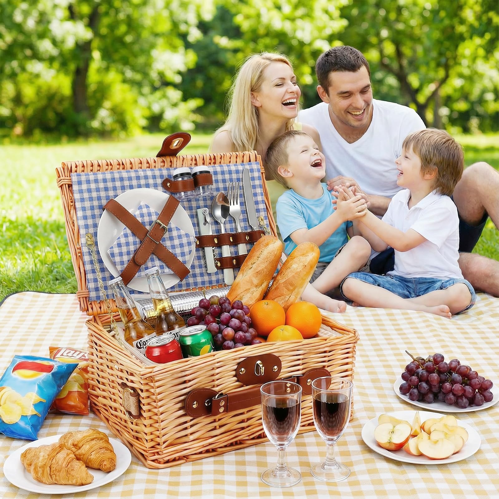 Wicker Picnic Basket Cestino da Picnic in Vimini per 2 Persone – Set Picnic con Vano Isotermico, Piatti, Posate, Bicchieri da Vino, Cavatappi – Perfetto per Spiaggia, Campagna, Parco & Regalo BBQ