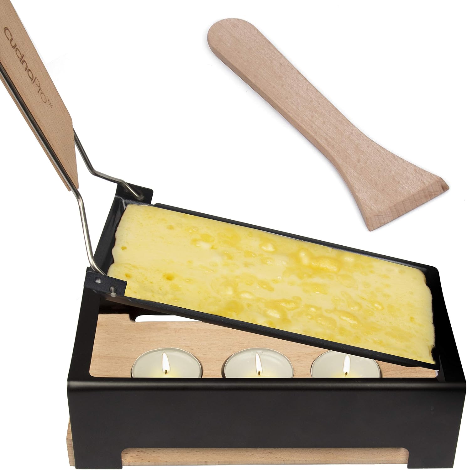 Cheese Raclette w Foldable Handle- Candlelight Cheese Melter Pan w Spatula and 3 Tea Light Candles - Melts in Under 4 Minutes, Small Portable, Great for Dinner Parties, Appetizers, Housewarming Gift