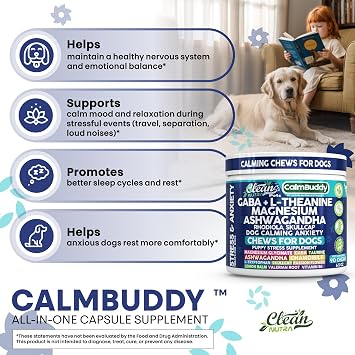 CalmBuddy Anxiety and Stress Relief Supplements GABA L-Theanine Magnesium Ashwagandha Rhodiola Rosea Chamomile L-Tryptophan Skullcap Taurine Valerian Root 60 Beef Flavor Chew By Clean Nutra Pets