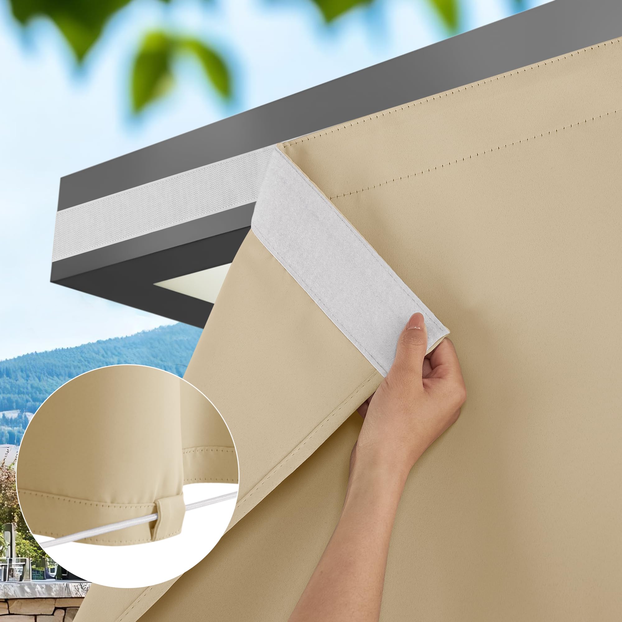 PONY DANCE Tende da Esterno con Chiusura in Velcro e Passanti Nascosti per Gazebo Termiche Curtains Impermeabile per Interni Tende da Sole per Balconi 2 Pezzi L 132 x A 213 cm, Beige