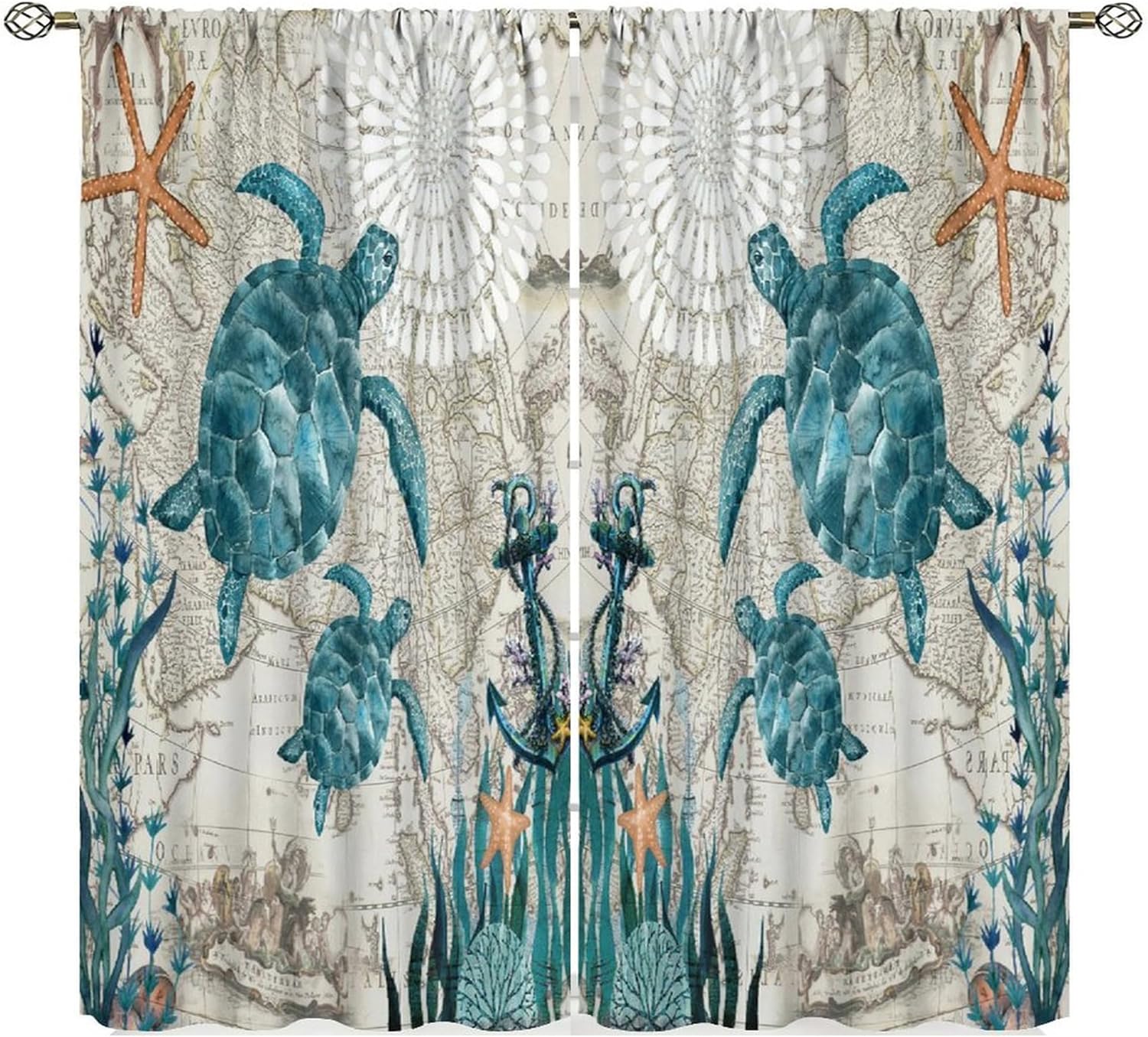 Sea Turtles Curtains Tropical Ocean Beach Teal Turtles Starfish Coral Reef Nautical Map Decor Bedroom Living Room Window Drapes 2 Panel Set, 52"x84" Decor
