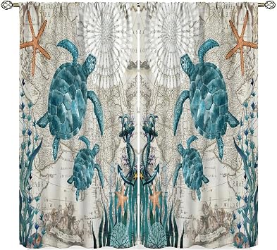 Sea Turtles Curtains Tropical Ocean Beach Teal Turtles Starfish Coral Reef Nautical Map Decor Bedroom Living Room Window Drapes 2 Panel Set, 42"x54" Blackout