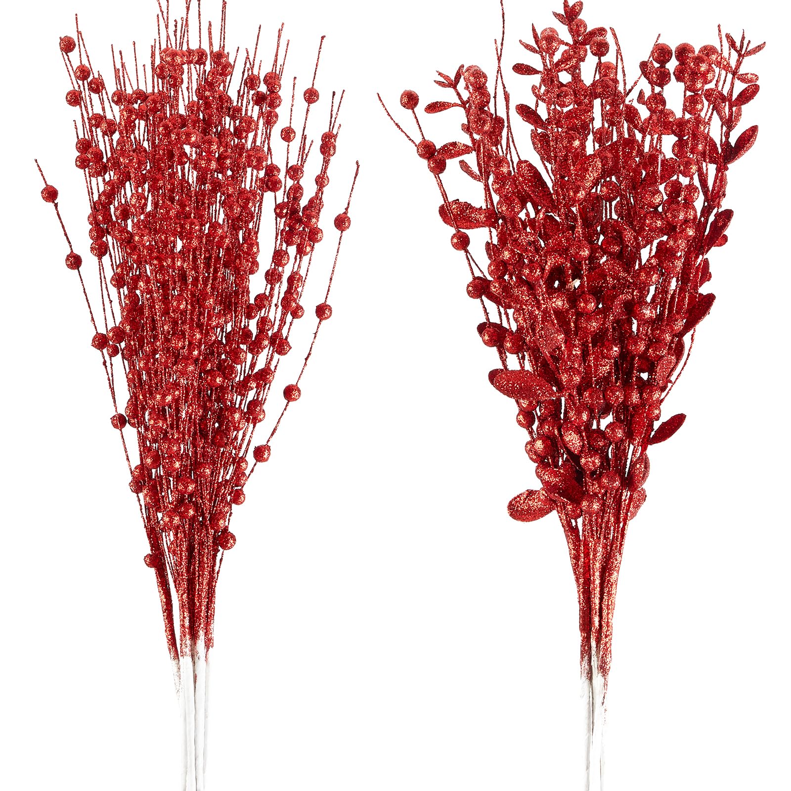 CristBest Paquete de 24 adornos para árbol de Navidad, ramas artificiales con purpurina para decoración de árbol de Navidad, jarrón pequeño, vacaciones, bodas, decoraciones de fiesta (rojo)