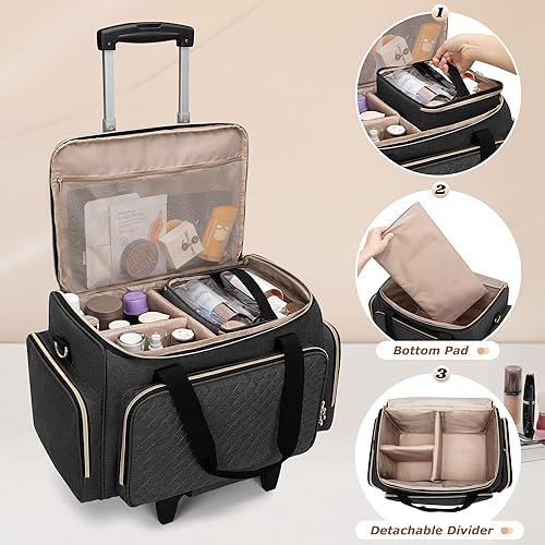 Miniatura 2 de LUXJA Estuche de maquillaje con ruedas con 3 bolsas extraíbles y 1 bolsa para brochas de maquillaje, bolsa de maquillaje grande con carrito