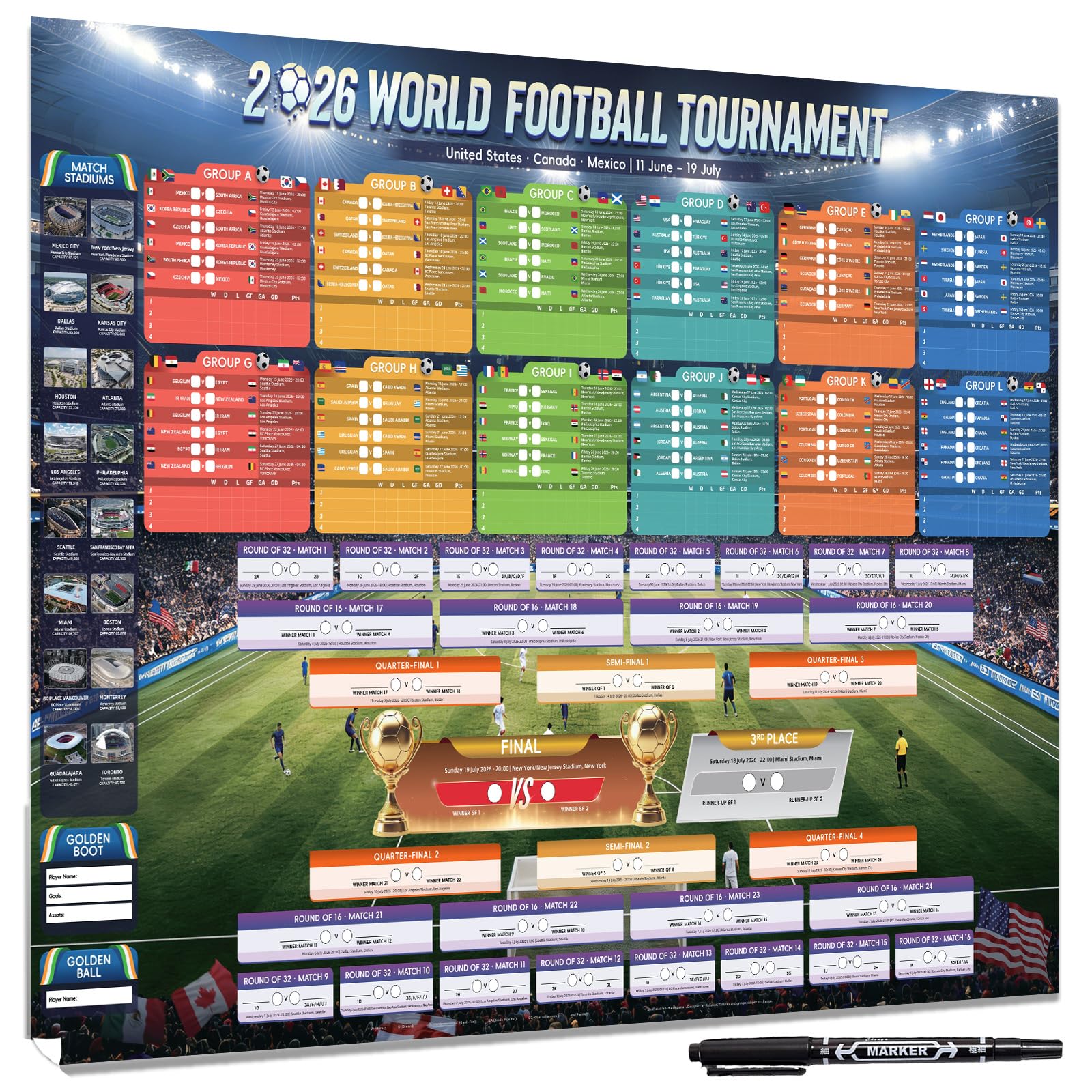 AhfuLife Extra Large World Cup Wall Chart for Party Decorations 2026-100 x 70cm World Cup WallChart Schedule Poster - Includes 48 Teams Group Knockout Final Results Wall Calendar for Football Fans