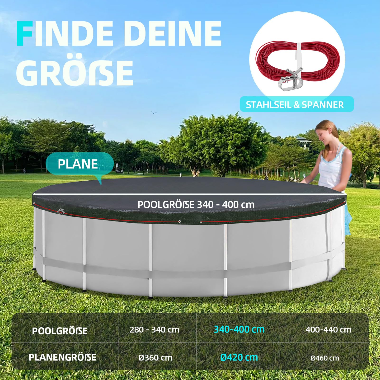 Cubierta de piscina redonda para piscinas de 340-400 cm, diámetro de 420 cm, dimensiones de lona de 100 g/m², doble revestimiento, resistente a la rotura y a los rayos UV, azul, para verano e invierno