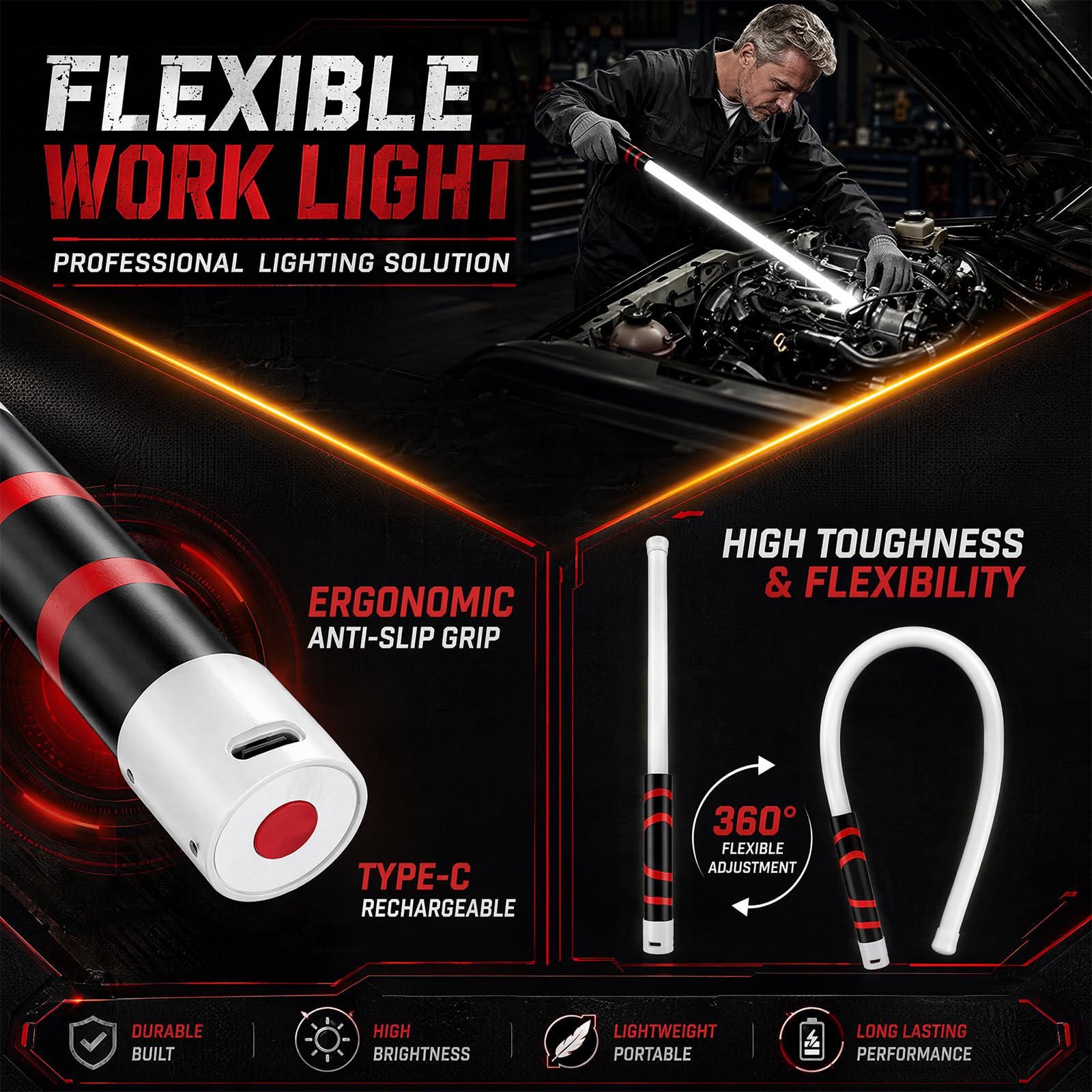 LED Arbeitsleuchte, flexible biegsame LED Taschenlampe mit 3 Helligkeitsstufen, tragbare mechanische Arbeitsleuchte für enge Bereiche, Autoreparaturen und technische Inspektionen im Werkstattbereich