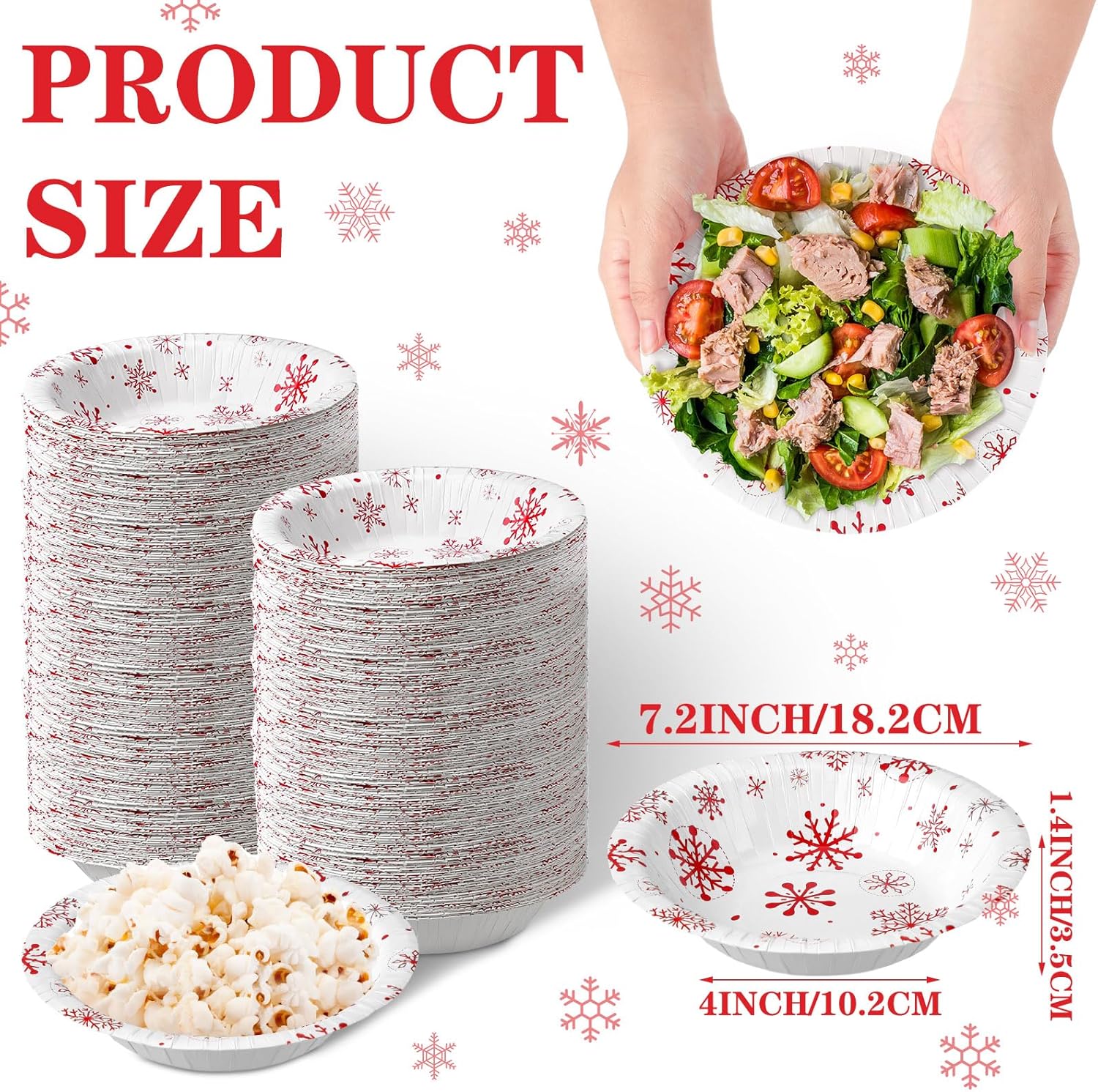 Sliner 100 Pcs Christmas Paper Bowl Christmas Disposable Bowls Serving Bowls Winter Themed Salad Bowls 12.3oz Dessert Bowls for Christmas Snack Dinner Birthday Party Picnic(Snowflake)
