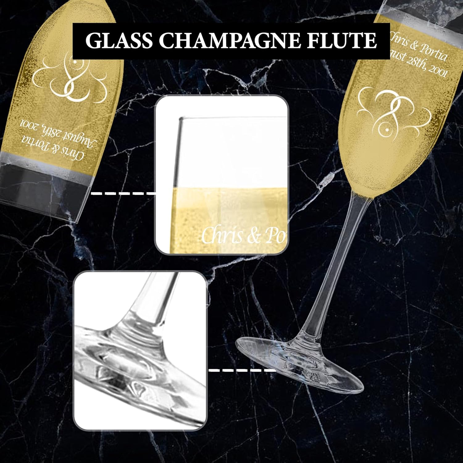 Personalized Champagne Flutes Set of 2, Wedding Gifts for Bride and Groom with Couple's Names and Date, Interlaced Hearts, Customized Champagne Flutes, Modern Toasting Glasses