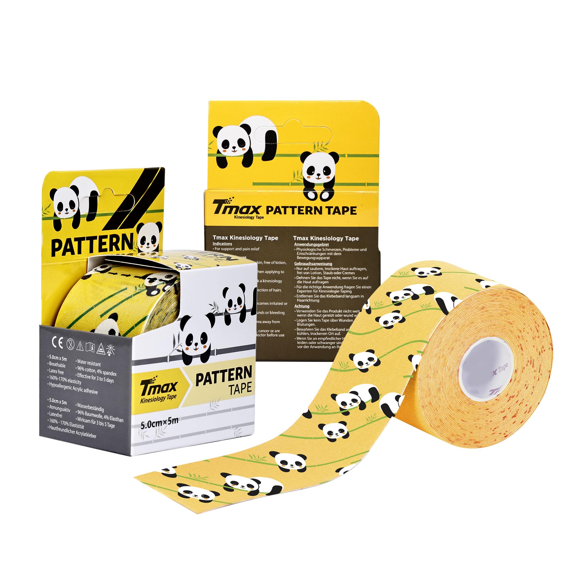 Tmax Cotton Waterproof Kinesiology Tape | Athletic Sports Tape for Injury, Muscle Support, Pain Relief, Joint Support and Physiotherapy (5 m * 5 cm) (Panda)