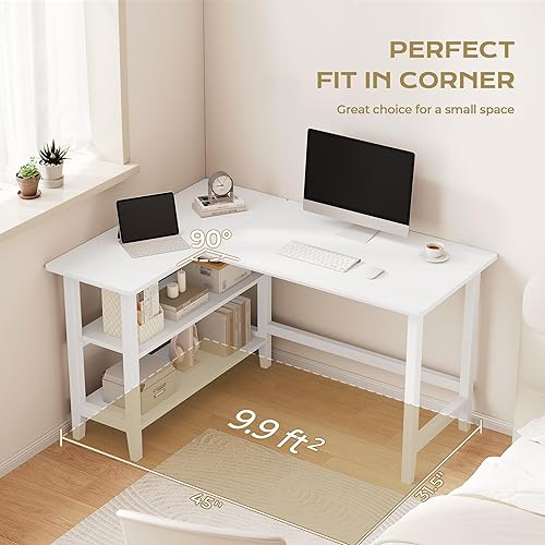 Miniatura 7 de IOTXY Reversible L-Shaped Office Desk - 45" Compact Corner Computer Table with Storage Shelves, Solid Wood Legs, Writing & Study Workstation for