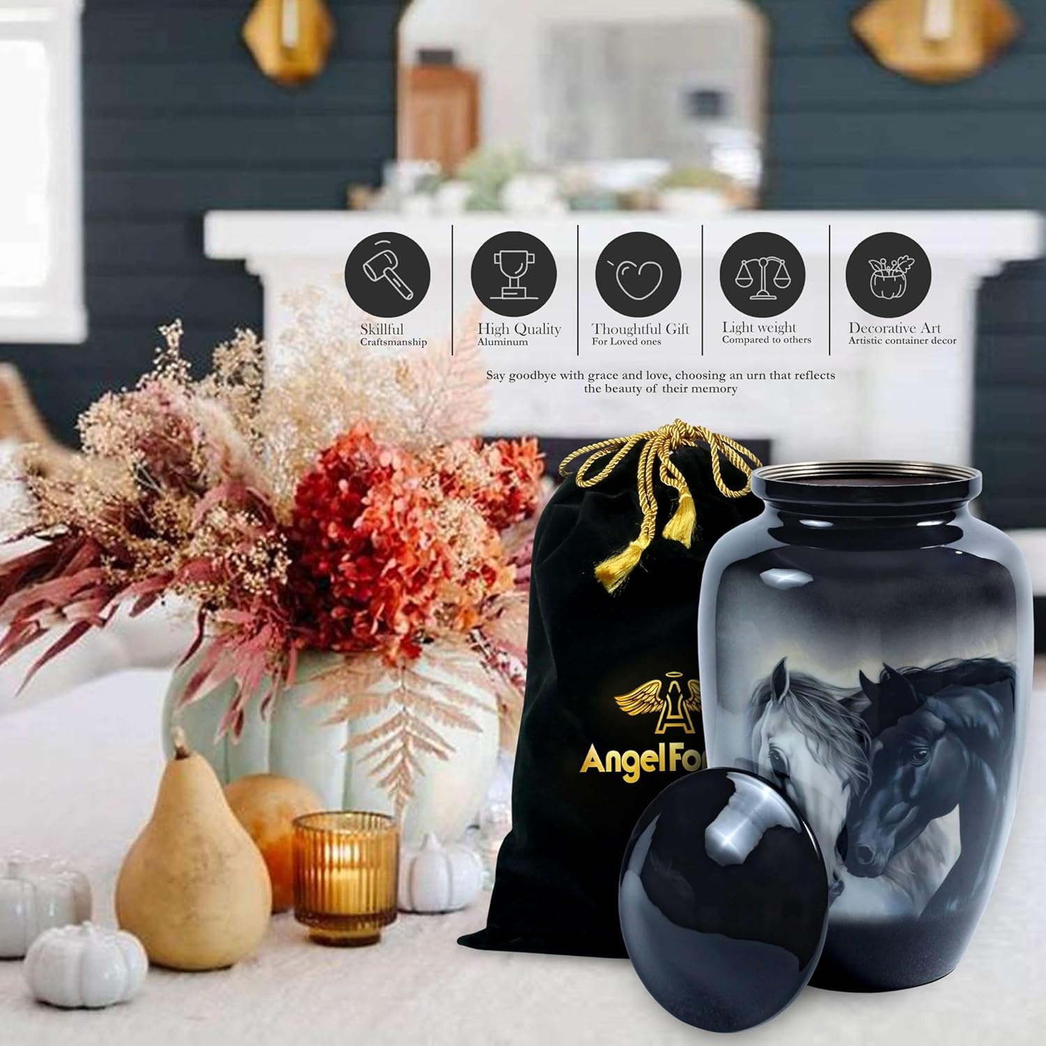 Horse Design Cremation Urn for Human Ashes Adult Male & Female – Large 200 Cu in Enamel-Coated Aluminum Funeral Urn with Velvet Bag – Decorative Metal Memorial Burial Urn for Men & Women Black Finish