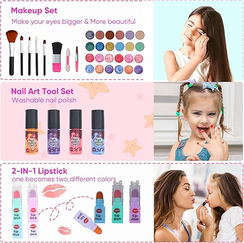 Miniatura 5 de 50 juguetes de maquillaje para niños de 5 a 8 años de edad, kit de maquillaje con espejo para niñas, juguetes de belleza lavables reales, kit de