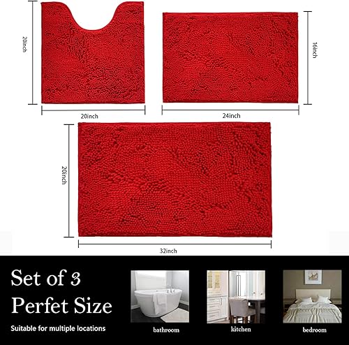 Miniatura 2 de Juego de 3 tapetes de baño de chenilla, súper absorbentes, con fuerte respaldo antideslizante de PVC, tapetes de baño para el baño, peludos y
