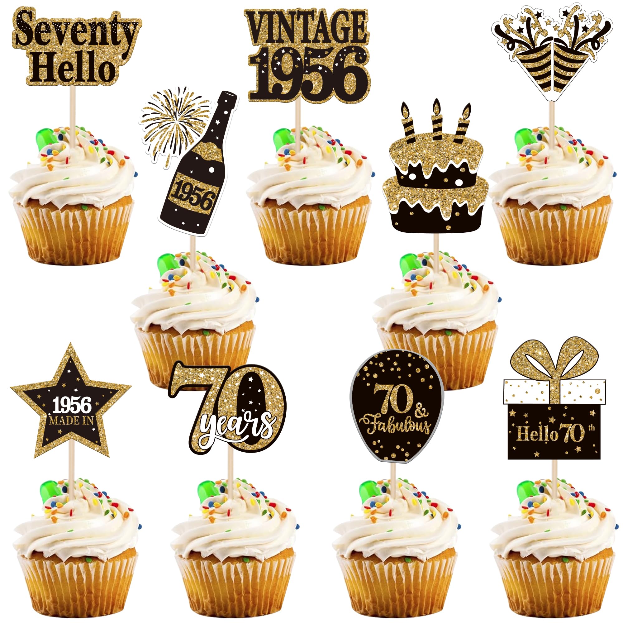 36PCS Happy 70th Birthday Cupcake Toppers Double Sided Black Gold Seventy Hello 70 Vintage 1956 Cupcake Picks Cheers to 70 Years 70 Fabulous Cake