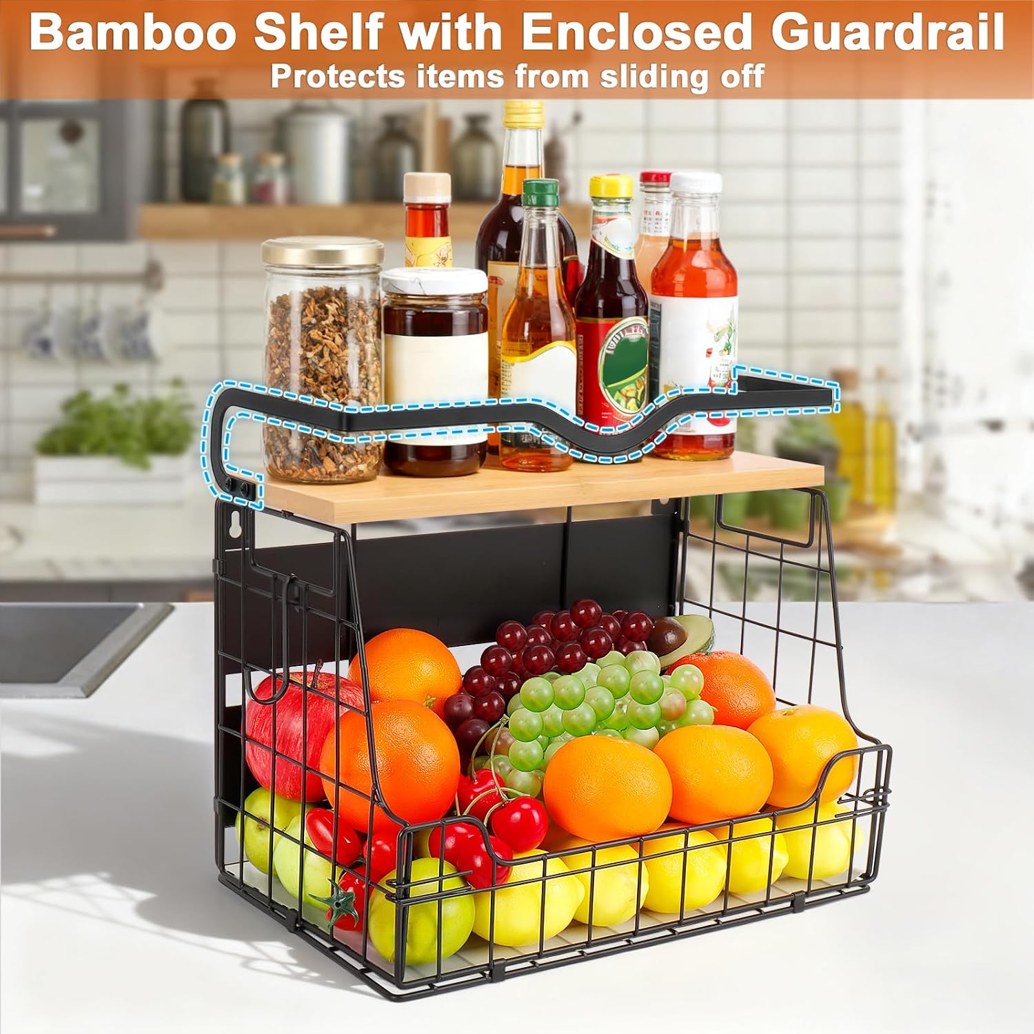 Livabber Magnetic Fridge Organizer Basket with Wood Shelf, Large Fruit Vegetable Storage Bin, Spices Snacks Condiments Rack for Kitchen Pantry, Laundry Room, Office, Magnetic or Wall Mount (Black)