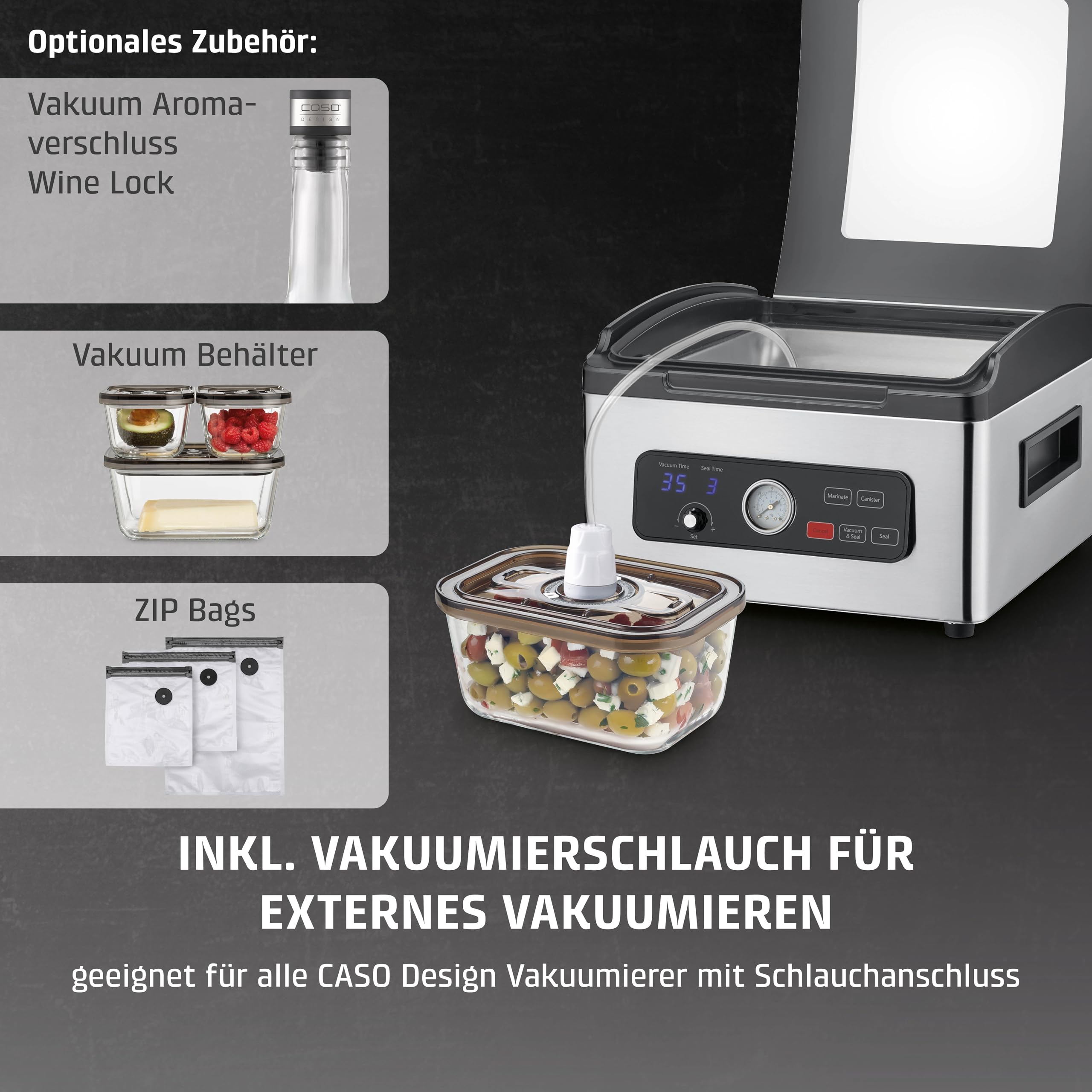 CASO VacuChef 700 - Kammervakuumierer, 8L Edelstahl, starke Profi-Vakuumpumpe 70 Liter/Minute, Temperglas-Deckel, für harte/weiche/trockene/flüssige Lebensmittel